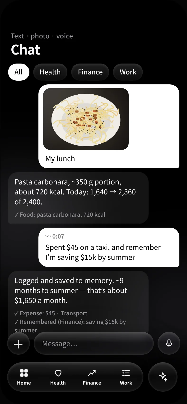 Tally AI chat: a photo of lunch logged as 720 kcal, a voice note logged as a $45 taxi expense