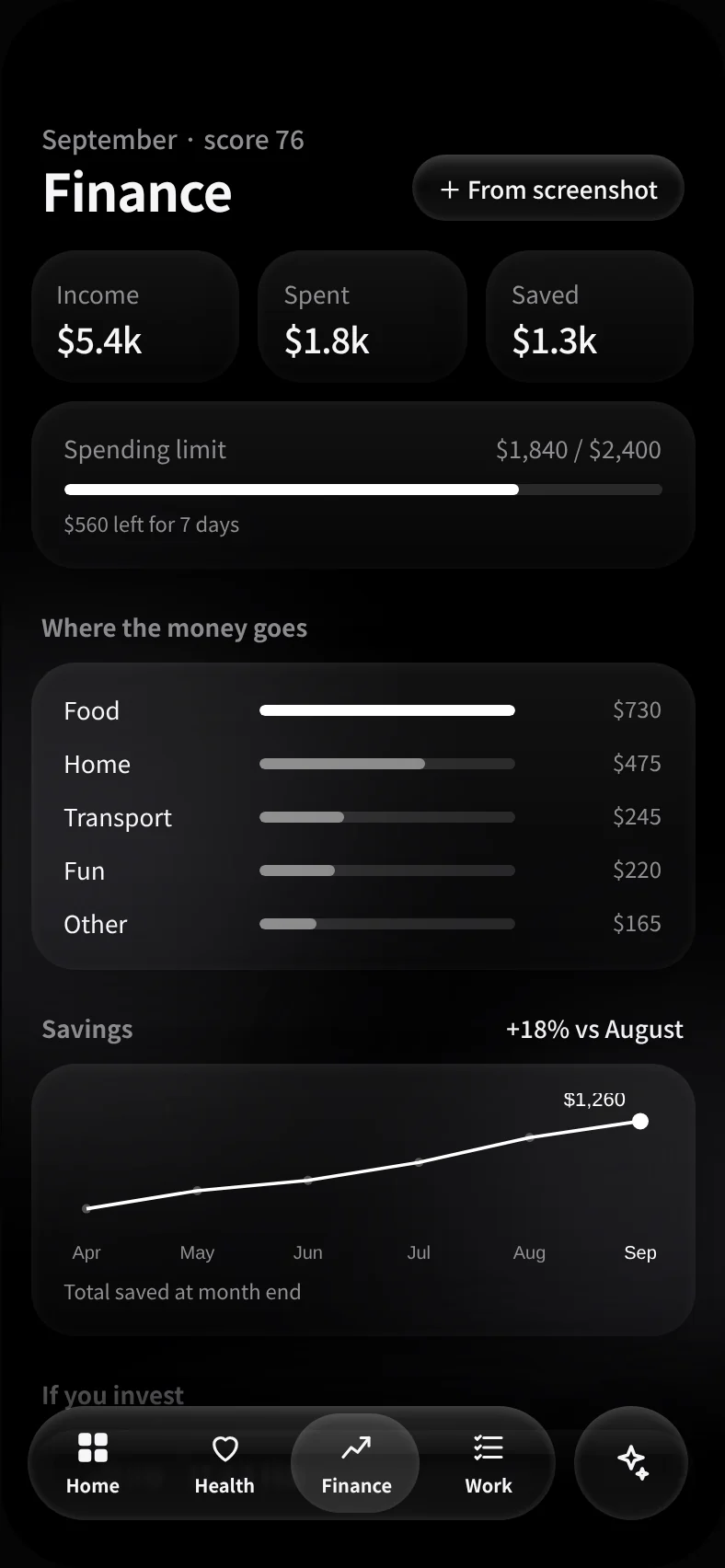 Tally Finance screen: spending limit, categories, savings growing to $1,260