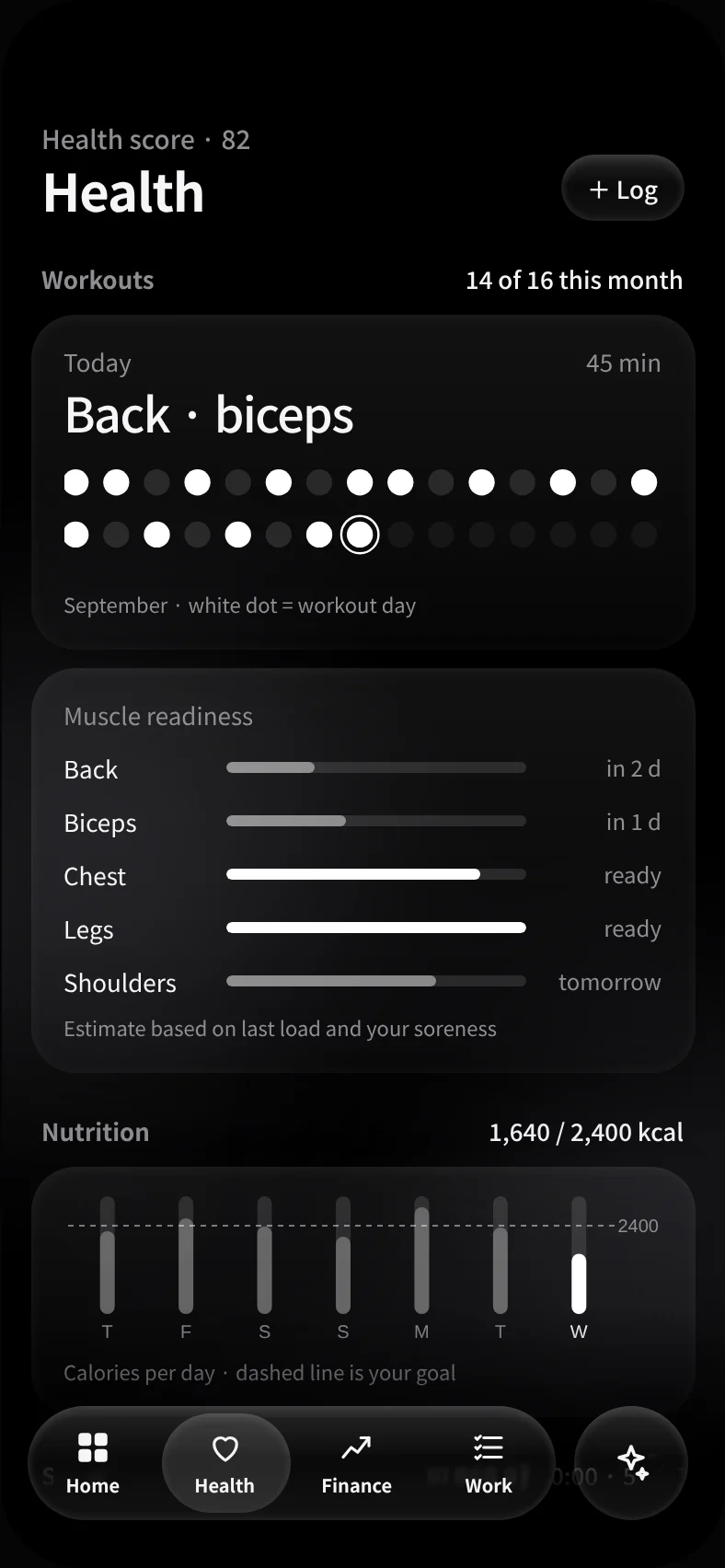 Tally Health screen: 14 of 16 workouts this month, muscle readiness, calories per day