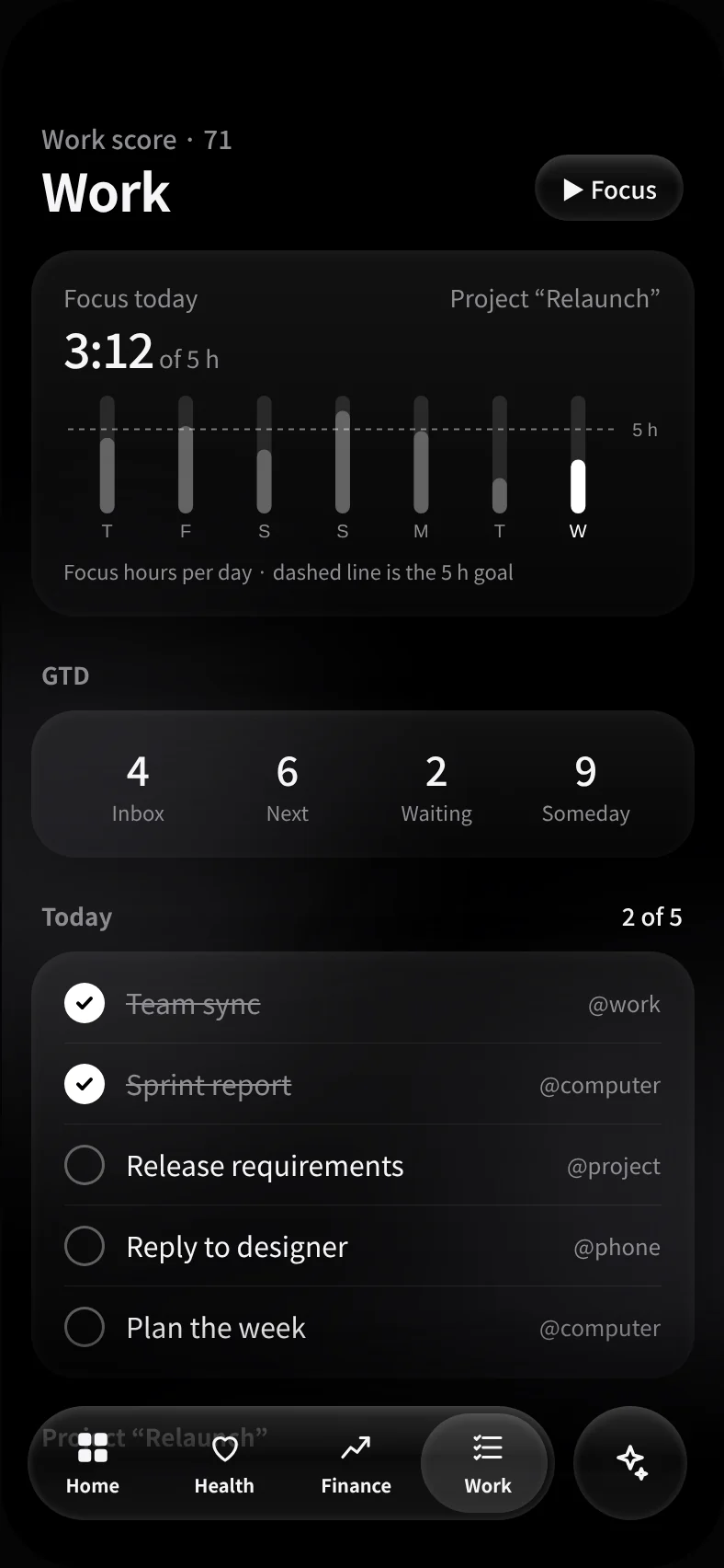 Tally Work screen: focus timer 3:12 of 5 hours, GTD lists, today's tasks